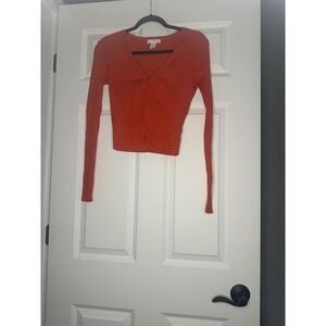 Hm Ribbed V Neck Cropped Cardigan Sweater Red Medium